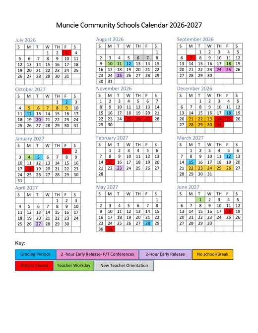 Muncie Community Schools 2026–2027 Academic Calendar Page 1