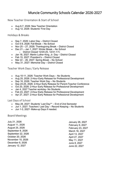 Muncie Community Schools 2026–2027 Academic Calendar Page 2