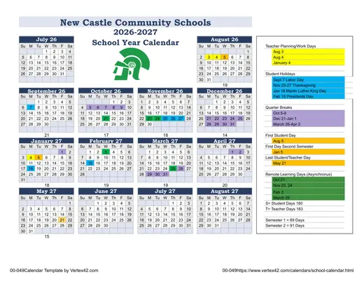New Castle Community Schools 2026–2027 Academic Calendar