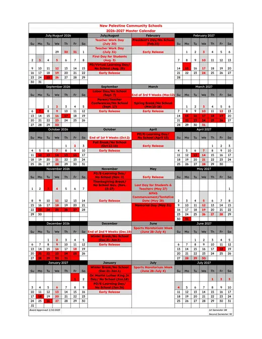 New Palestine Community Schools 2026–2027 Academic Calendar
