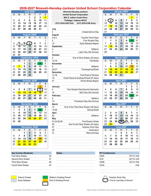 Nineveh-Hensley-Jackson United School Corporation 2026–2027 Academic Calendar
