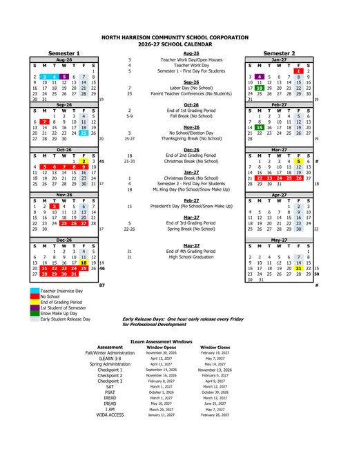 North Harrison Community School Corporation 2026–2027 Academic Calendar Page 1