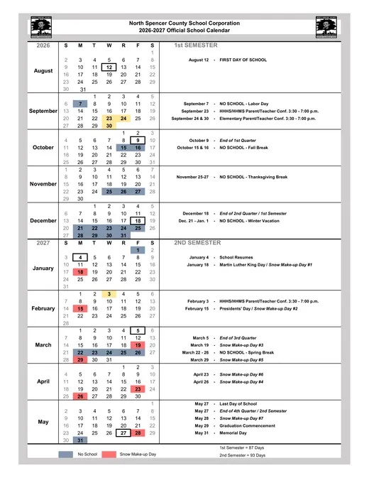 North Spencer County School Corporation 2026–2027 Academic Calendar
