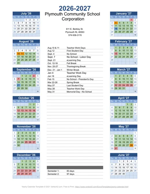 Plymouth Community School Corporation 2026–2027 Academic Calendar