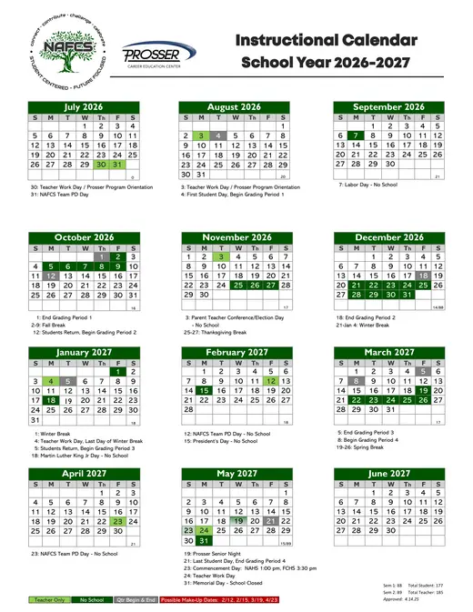 Prosser Career Education Center 2026–2027 Academic Calendar