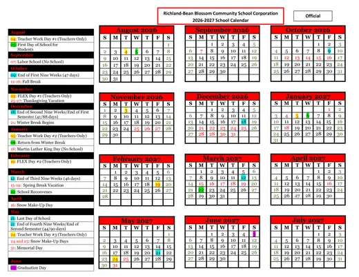 Richland-Bean Blossom Community School Corporation 2026–2027 Academic Calendar Page 1