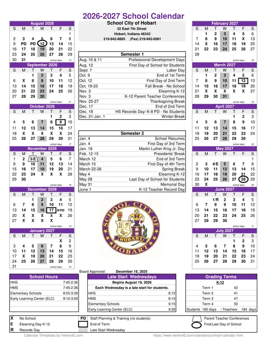 School City of Hobart 2026–2027 Academic Calendar