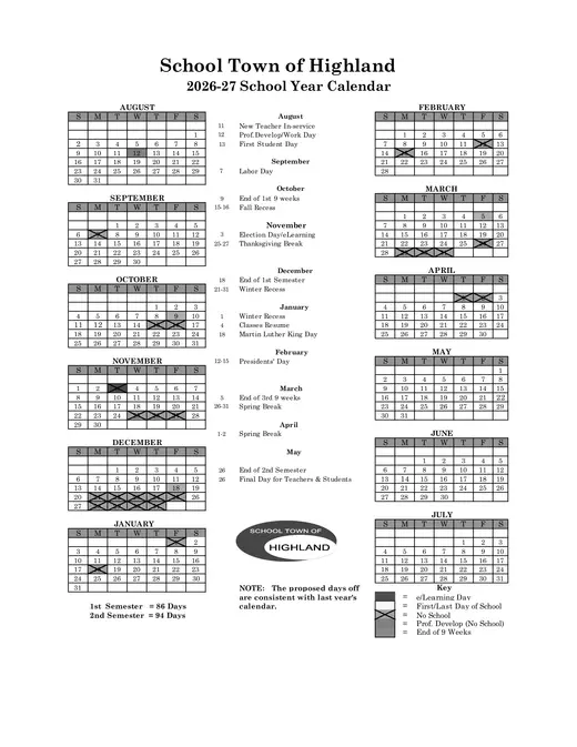 School Town of Highland 2026–2027 Academic Calendar