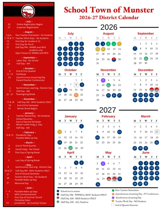 School Town of Munster 2026–2027 Academic Calendar