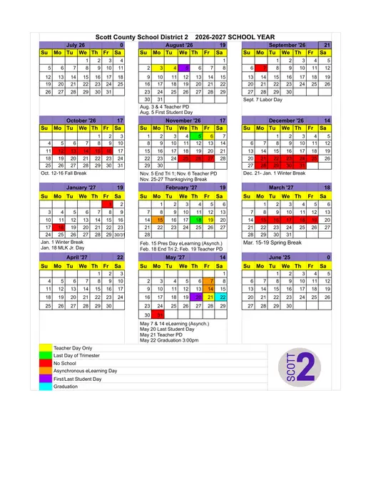 Scott County School District 2 2026–2027 Academic Calendar