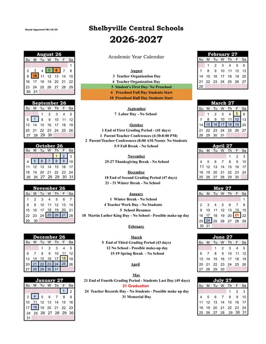 Shelbyville Central Schools 2026–2027 Academic Calendar