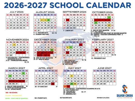 Silver Creek School Corporation 2026–2027 Academic Calendar Page 1