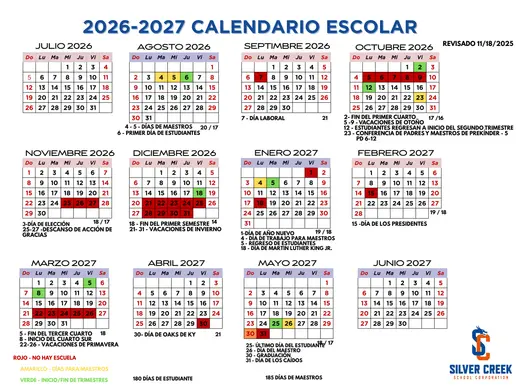 Silver Creek School Corporation 2026–2027 Academic Calendar Page 2
