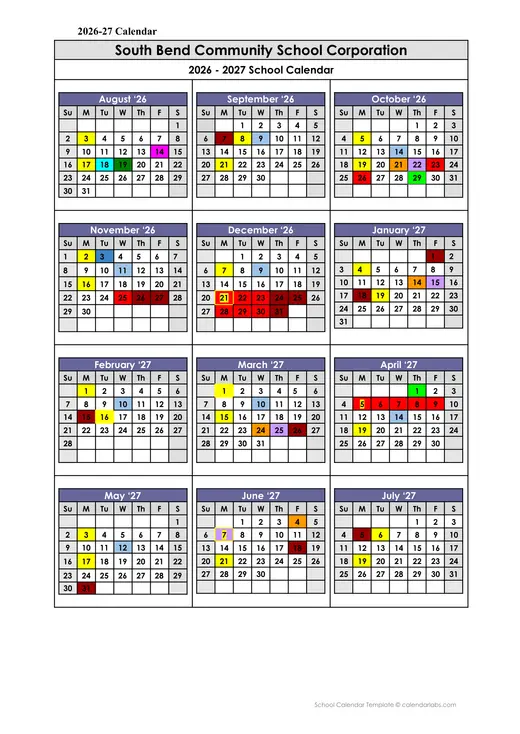 South Bend Community School Corporation 2026–2027 Academic Calendar Page 1