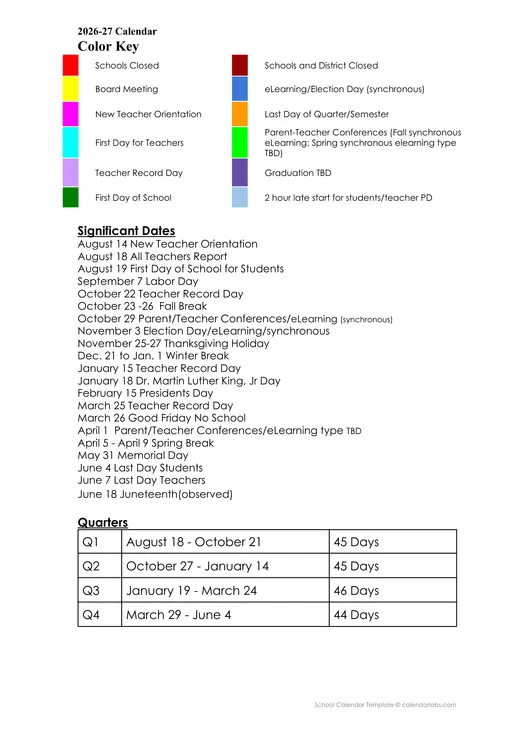 South Bend Community School Corporation 2026–2027 Academic Calendar Page 2