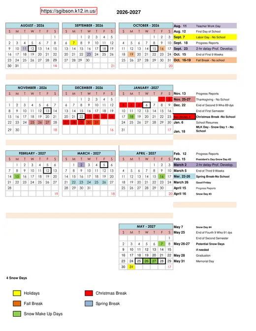 South Gibson School Corporation 2026–2027 Academic Calendar