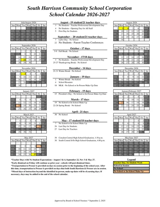 South Harrison Community School Corporation 2026–2027 Academic Calendar