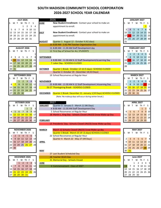 South Madison Community School Corporation 2026–2027 Academic Calendar