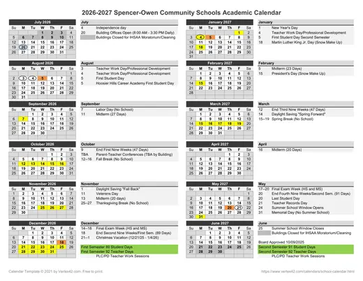 Spencer-Owen Community Schools 2026–2027 Academic Calendar