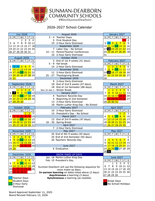 Sunman-Dearborn Community Schools 2026–2027 Academic Calendar