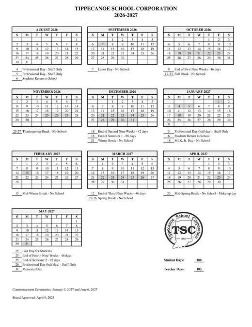 Tippecanoe School Corporation 2026–2027 Academic Calendar