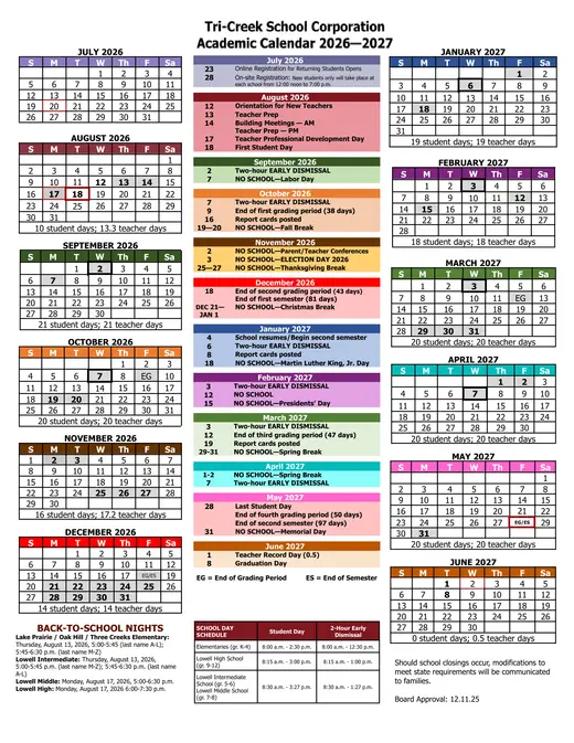 Tri-Creek School Corporation 2026–2027 Academic Calendar