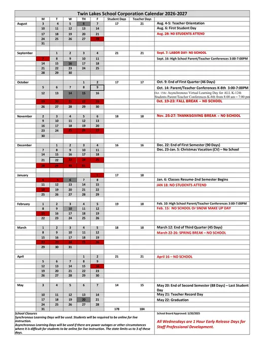 Twin Lakes School Corporation 2026–2027 Academic Calendar Page 1