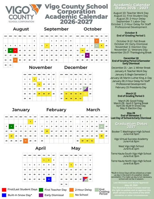 Vigo County School Corporation 2026–2027 Academic Calendar Page 2