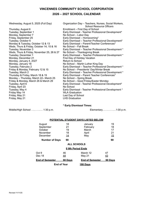 Vincennes Community School Corporation 2026–2027 Academic Calendar
