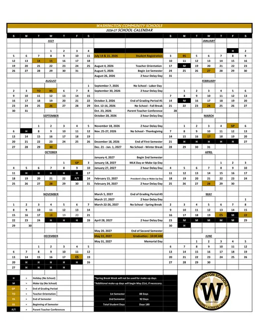 Washington Community Schools 2026–2027 Academic Calendar