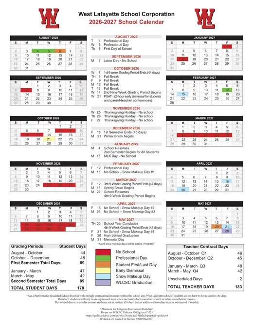 West Lafayette School Corporation 2026–2027 Academic Calendar
