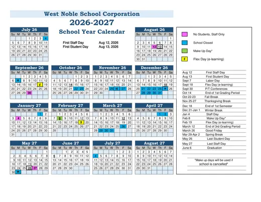 West Noble School Corporation 2026–2027 Academic Calendar