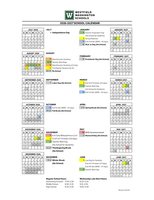 Westfield Washington Schools 2026–2027 Academic Calendar