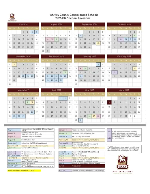 Whitley County Consolidated Schools 2026–2027 Academic Calendar Page 1