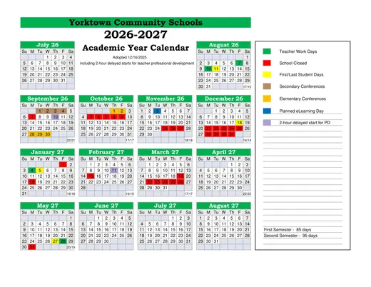 Yorktown Community Schools 2026–2027 Academic Calendar