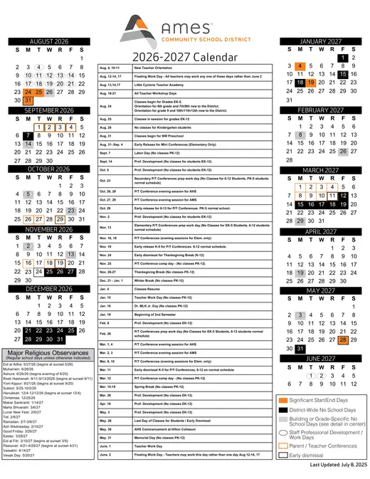 Ames Community School District 2026–2027 Academic Calendar