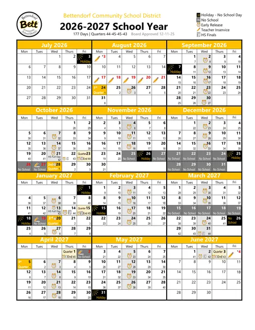 Bettendorf Community School District 2026–2027 Academic Calendar Page 1