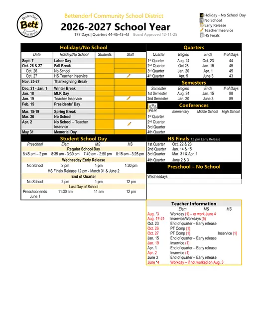 Bettendorf Community School District 2026–2027 Academic Calendar Page 2