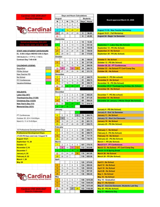 Cardinal Community School District 2026–2027 Academic Calendar