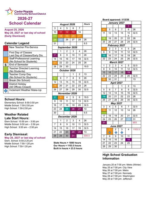 Cedar Rapids Community School District 2026–2027 Academic Calendar Page 1