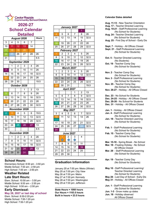 Cedar Rapids Community School District 2026–2027 Academic Calendar Page 2