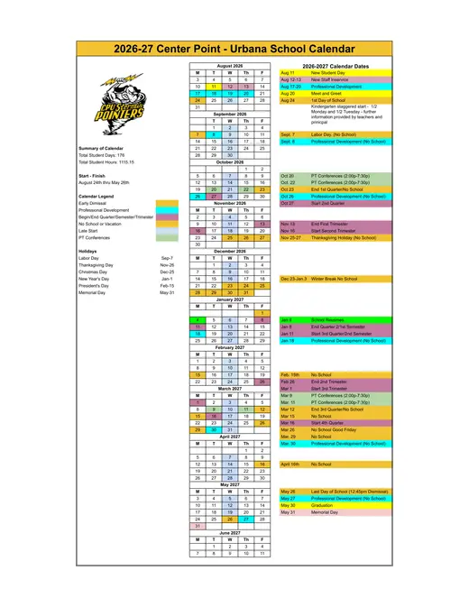 Center Point - Urbana School 2026–2027 Academic Calendar