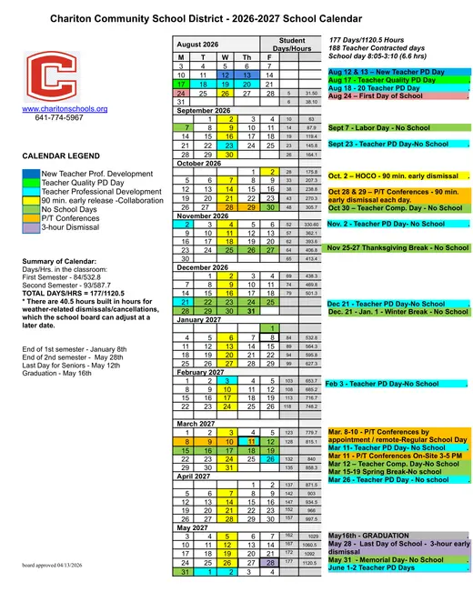 Chariton Community School District 2026–2027 Academic Calendar