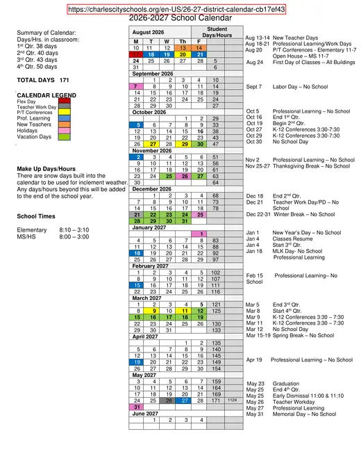 Charles City Schools 2026–2027 Academic Calendar