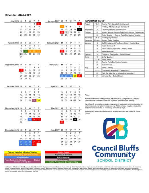 Council Bluffs Community School District 2026–2027 Academic Calendar