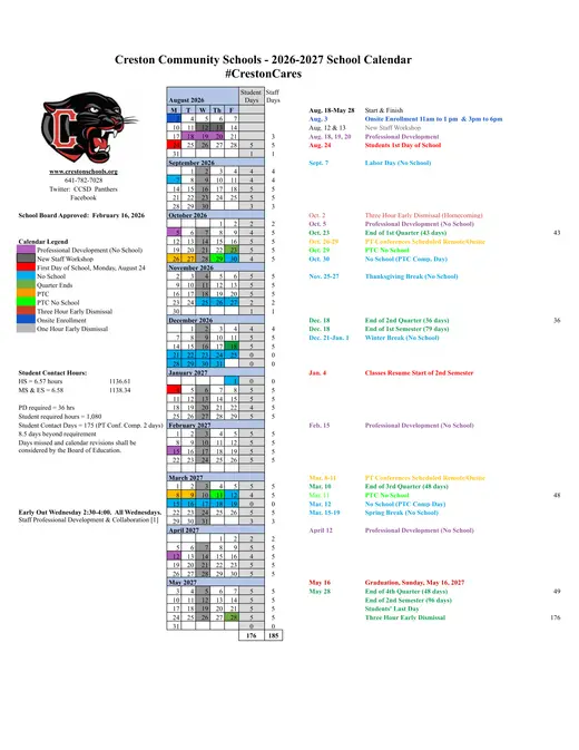 Creston Community Schools 2026–2027 Academic Calendar Page 1