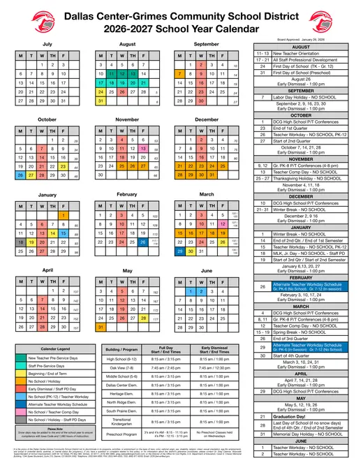 Dallas Center-Grimes Community School District 2026–2027 Academic Calendar