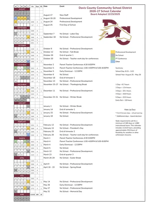 Davis County Community School District 2026–2027 Academic Calendar