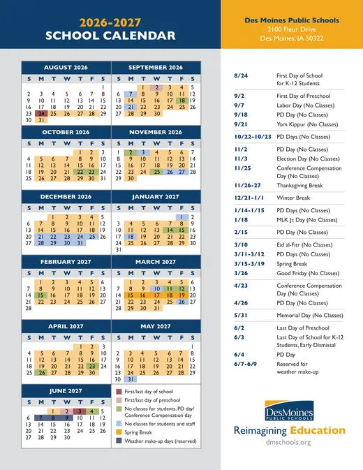 Des Moines Public Schools 2026–2027 Academic Calendar