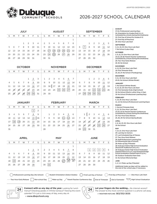 Dubuque Community Schools 2026–2027 Academic Calendar